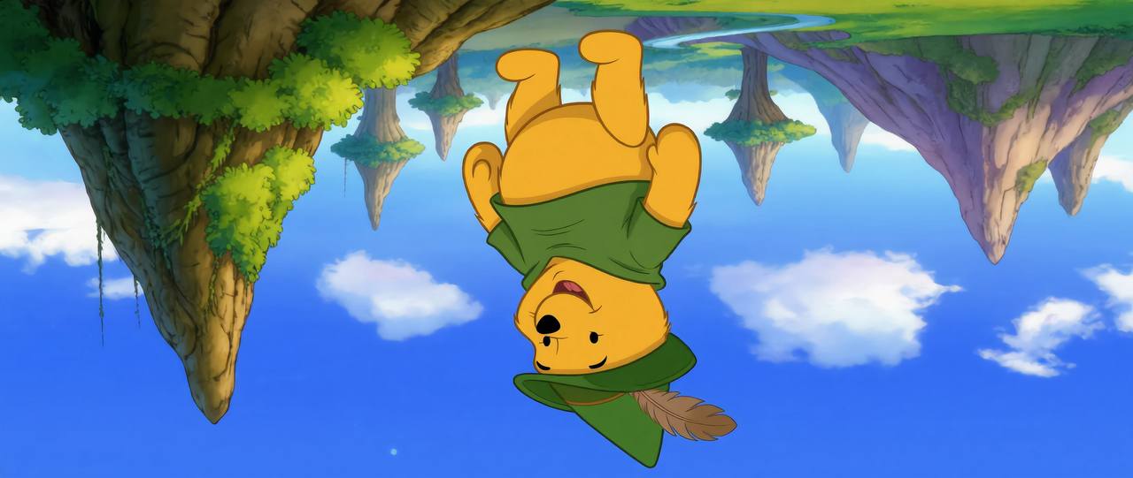Pooh dressed as Robin Hood upside down
